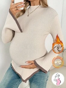 SHEIN Suéter de maternidad con cuello alto, mangas acampanadas y bajo asimétrico en contraste de color, para otoño/invierno