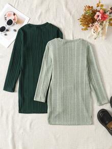 Set de 2 vestidos casuales de punto ajustados de unicolor para niñas preadolescentes - Verde - Ver 2