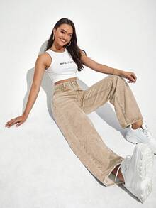 High Waist Wide Leg Jeans - Khaki - View 4