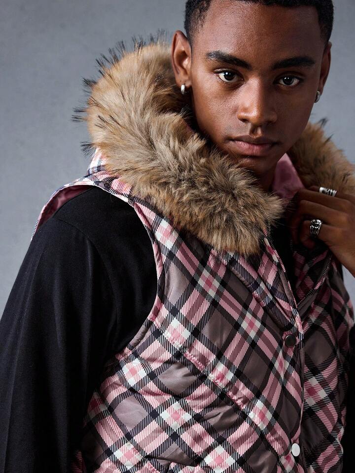 Gilet Fille Justice – Bleu Blanc à Carreaux – Taille 12 – Capuche Snap Off Fourrure