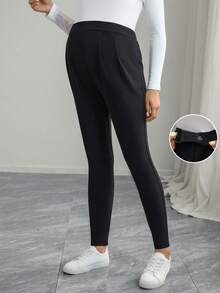 Momance Solid Color Long Pocket Pleated Skinny Casual Comfortable Maternity Leggings - Black - View 1