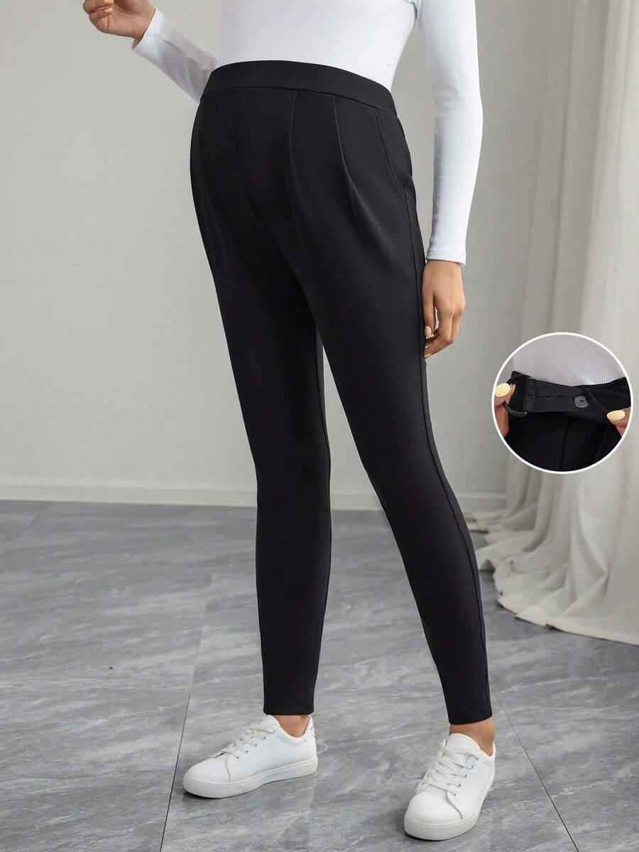 Momance Solid Color Long Pocket Pleated Skinny Casual Comfortable Maternity Leggings - Black - View 1