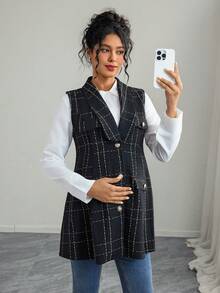 SHEIN Maternity Plaid Shawl Collar Single-Breasted Casual Sleeveless Jacket, Autumn - Black - View 8