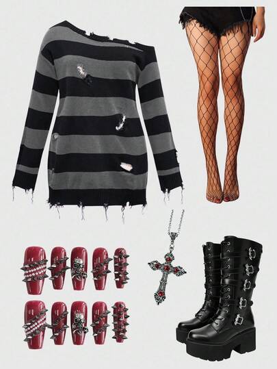 ROMWE Avant Suéter de cuello redondo de talla grande con rayas desgastadas de estilo gótico, color negro y gris, adecuado para Halloween