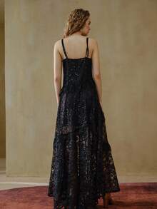 MOTF STUDIO DOS PIEZAS VESTIDO CAMISERO SÓLIDO Y VESTIDO CAMISERO SUELTO CON VOLANTES DE ENCAJE, TEXTURA DE LENTEJUELAS Y BORDADO, ELEGANTE Y MODERNO - Negro - Ver 3