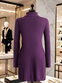 SHEIN Clasi Vestido de suéter de punto ajustado de manga larga, cuello alto y hombros regulares, de unicolor, talla grande - Morado - Ver 2