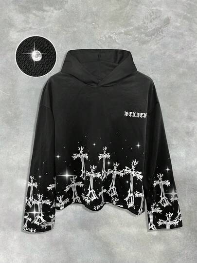 Goth هودي بأكمام طويلة مطبوع بطباعة عشوائية للرجال