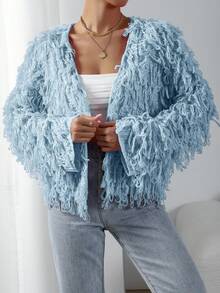 EMERY ROSE Áo khoác cardigan tua rua màu trơn đa năng thường ngày - Màu xanh nhạt - Xem 6