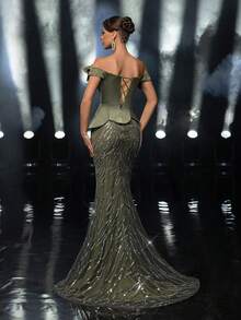 Glamrae Elegant Dark Green Off-The-Shoulder Dress With Exaggerated Three-Dimensional Flowers And Hand-Cut Rhinestones. The Asymmetrical Waist Shape Is Made Of Satin With Gorgeous Beads And Sequins. The Fishtail Shape Is Suitable For Dates, Vacations, Bachelorette Parties, Holidays, Business Dinners, Christmas, Weddings And Other Events. - Olive Green - View 4