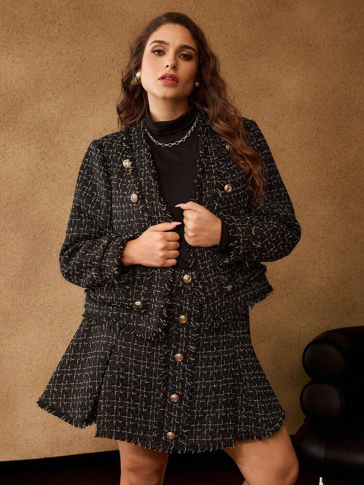PLUS SIZE TWEED ROUND NECK FRINGE HEM SHORT JACKET, AUTUMN/WINTER