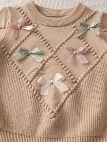 Souflis Souflis 6-9 Months Baby Girls Warm Outfit, Baby Girls Winter Warm Knitted 2 Pieces Set, Cute Bow Sweater And Pleated Skirt Set, Comfortable Soft And Skin-Friendly - Khaki - View 8