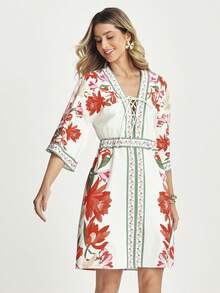 CAJUNI 女式花卉印花系带蝙蝠袖休闲短款连衣裙 - 紅色 - 查看 7