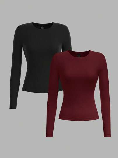 SHEIN PETITE 2pcs Women's Black & Burgundy Crew Neck Casual Fitted Long Sleeve T-Shirt Set, Suitable For Autumn/Winter Basics Tops Women Fitted Tops Women Tight Fitted Tops Full Sleeve Tops Women Long Sleeve Tops Women Long Sleeve Tops,Fall,Fall Clothes For Women Long Sleeve Tops For Women