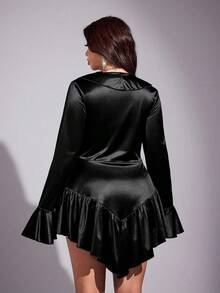 Viva Relle Plus Size Women Elegant Velvet Solid Color Deep V-Neck Tie Front Ruffle Sleeve Waist Fitted Dress - Black - View 6