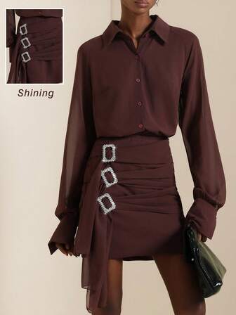 SHEIN Veneréa 2-delars set för kvinnor: Enkel skjorta med nedåtgående krage och långärmad skjorta med strassknappar i sidan, veckad volangkant och kort kjol