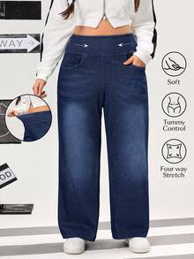 SHEIN Unity Quần jean ống đứng lưng thun lót nhiệt màu trơn cỡ lớn cho nữ - Rửa tối - Xem 10
