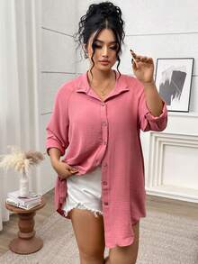 EMERY ROSE Áo sơ mi dài tay đơn hàng khuy đơn màu trơn cỡ lớn dành cho nữ - Bụi hồng - Xem 3