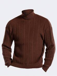 Manfinity Homme Men's Solid Color Turtleneck Long Sleeve Casual Sweater,Coffee Brown,Autumn,Casual,Hiking Autumn/Winter Gift For Boyfriend Husband,Couples Sweater - Khaki - View 1