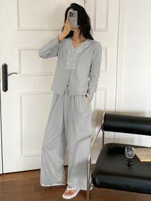 DAZY Women's Lace Patchwork Brushed Pajama Set, Autumn/Winter - Light Grey - View 4