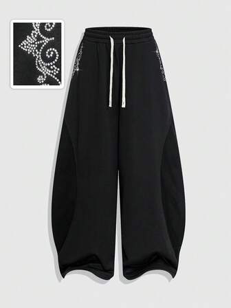 Street Life Pantaloni casual da uomo con vita con coulisse e decorazione di strass sulle tasche