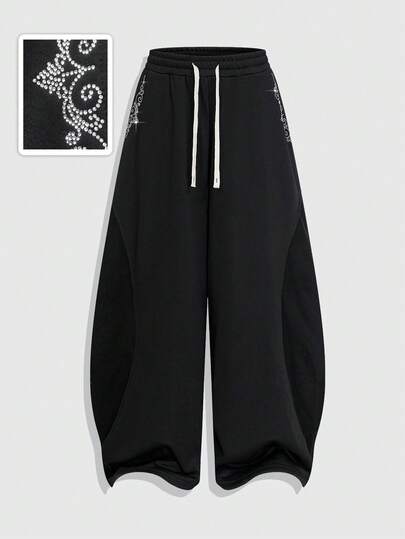 Street Life Men's Drawstring Waist Rhinestone Decor Pocket Casual Pants