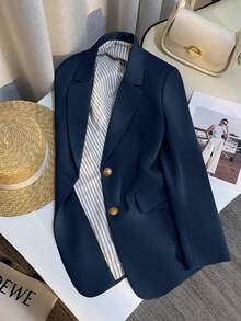 Franclia Women's Casual Cream-Colored Blazer Jacket, French Style Spring/Autumn New Arrival, Solid Color Lightweight Suit Jacket - Navy Blue - View 1