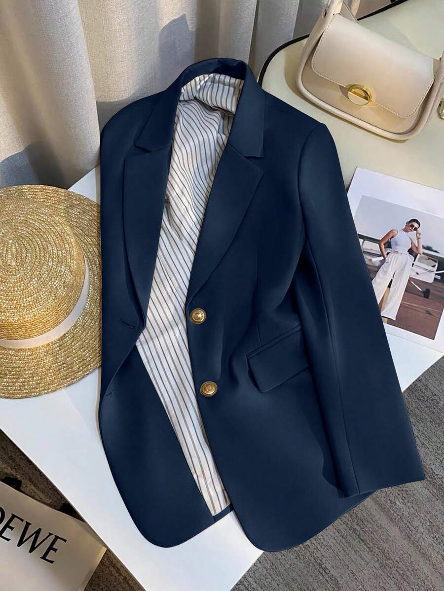 Franclia Women's Casual Cream-Colored Blazer Jacket, French Style Spring/Autumn New Arrival, Solid Color Lightweight Suit Jacket - Navy Blue - View 1