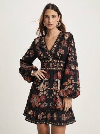 CAJUNI Women's Casual V-Neck Long Sleeve Black Floral Print Short Dress, Suitable For Dates And Vacations, Autumn  Women Dresses Autumn Winter Elegant Dresses For Women