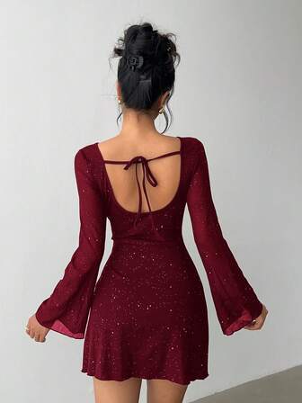 Aloruh Vestido mini ajustado elegante con lazo, espalda descubierta y tela con brillo, vestido para invitada de boda para mujer