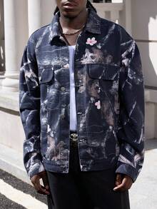 ROMWE MEN Street Life Men Loose Fit Contrast Color Floral Button Front Denim Jacket, Fashion & Versatile, Fall - Black - View 6