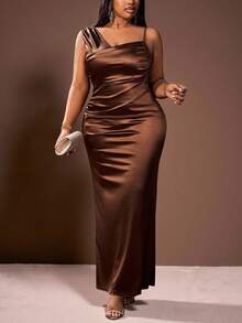 Slaydiva Vestido maxi de mujer de talla grande con cuello asimétrico con volantes, unicolor, elegante y apropiado para fiesta, cita, noche, graduación, cumpleaños, boda y eventos formales, vestido brillante, vestidos elegantes para mujer, vestido de Año Nuevo, vestido marrón