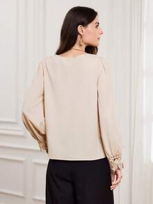 EMERY ROSE Women's Elegant Solid Color Lace Patchwork Blouse, Autumn - Apricot - View 2