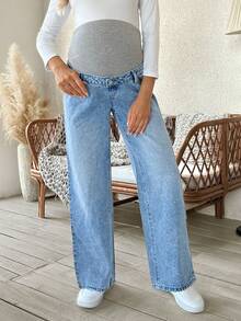 SHEIN 可调节腰部宽松孕妇休闲牛仔裤 - 淺色水洗藍 - 查看 6