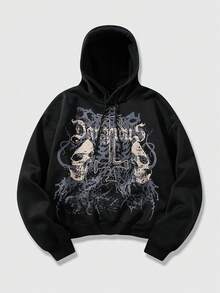 ROMWE MEN Goth 男士休闲字母与骷髅印花宽松连帽衫，秋季 - 黑色 - 查看 1