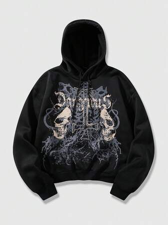 Street Life Men's Casual Letter & Skull Print Loose Fit Hoodie, Autumn
