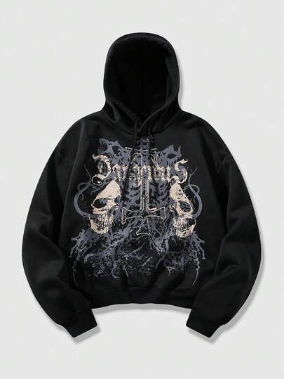 Street Life Men's Casual Letter & Skull Print Loose Fit Hoodie, Autumn