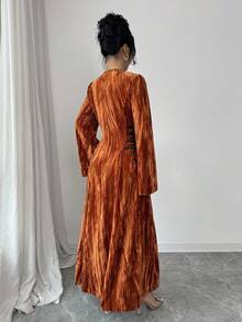 SHEIN Elenzya 女式纯色褶皱天鹅绒收腰连衣裙，秋冬 - 棕色 - 查看 2