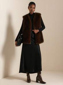 SHEIN Veneréa Nueva chaqueta sin mangas de piel sintética de frente abierto, elegante y casual para mujer, para otoño/invierno