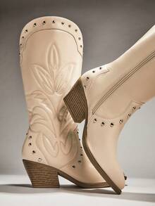 SHUZIA 女式迷人尖头粗跟刺绣西部牛仔靴 - 白色 - 查看 6