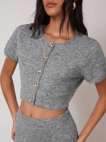 COSMINA 2pcs Women's Short Sleeve Elegant Knitted Sweater Set,Grey Autumn Casual Brunch Versatile Commuting Office Wear Two Piece Skirt Sets - Grey - View 6