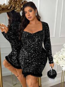 Femmeverse Robe de soirée à manches longues avec sequins et décorations de plumes pour femmes grandes tailles, tenue de cérémonie - Noir - Voir 3