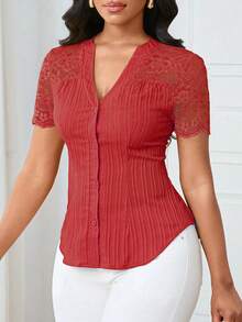 SHEIN LUNE 女式优雅通勤简约缺口领花卉蕾丝纹理面料修身衬衫，夏季 - 玫瑰紅 - 查看 4