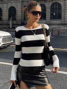 DAZY Áo len chui đầu họa tiết sọc đen trắng đơn giản, ôm vừa vặn dành cho nữ, mùa thu - Đen và trắng - Xem 5