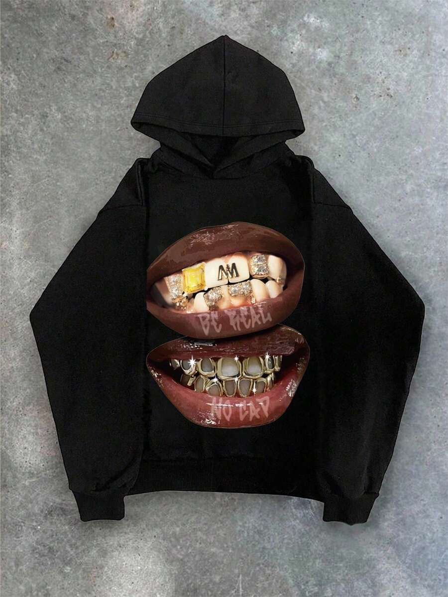 Glimmora 女士休闲宽松唇印长袖卫衣，秋季款 - 黑色 - 查看 1