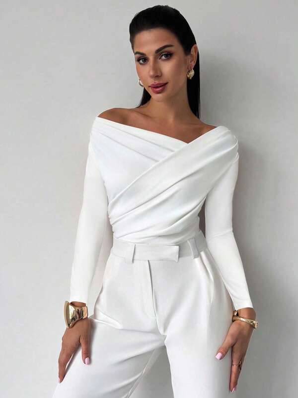 Firerie Women's Elegant Minimalist Chic Fashion Asymmetric Ruffle Collar Long Sleeve Cropped White Bodysuit, Suitable For Daily Commute Fall Winter Clothes For Women New Year Christmas Elegant Women's Blouses Casual Bodysuit For Women