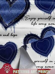 SHEIN Clasi 休闲简约假日风格海军蓝仿牛仔布心形和字母图案两件套，适合夏季、派对、度假 - 彩色 - 查看 4