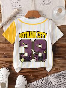 BATMAN X SHEIN Young Boy Striped & Cartoon Pattern Short Sleeve T-Shirt - White - View 2