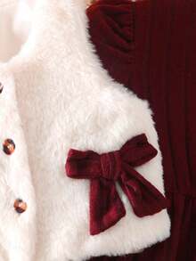 Genkimix Kids Girls Casual Fashion Daily Round Neck Sleeveless Short Plush Bow Vest And High Neck Raglan Sleeve Gathered Waist Short Plush Fabric Dress, Girls Autumn/Winter Set Girl Clothes Autumn And Winter Clothes  Princess  Halloween/Christmas Party Dresses For  Vacation