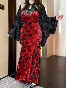 Flirla Christmas 2pcs Set: Elegant Chinese Style High-Neck Cutout Shoulder Dress & Flocked Mesh Cardigan With Batwing Sleeves, Bodycon Lace Dress, Spring/Fall - Multicolor - View 5