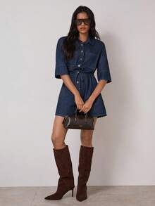 COSMINA Women's Elegant Mid-Sleeve Cinched Waist Denim Jumpsuit, Versatile For Commuting, Office, And Outings, All Season Denim Jumpsuit Women Women Denim Romper - Blue - View 5